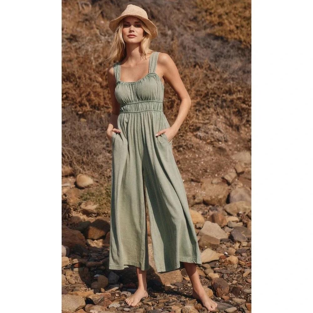 Anthropologie Celandine Simona Scoop Neck Jumpsuit Green Flowy 100% Cotton Sz S